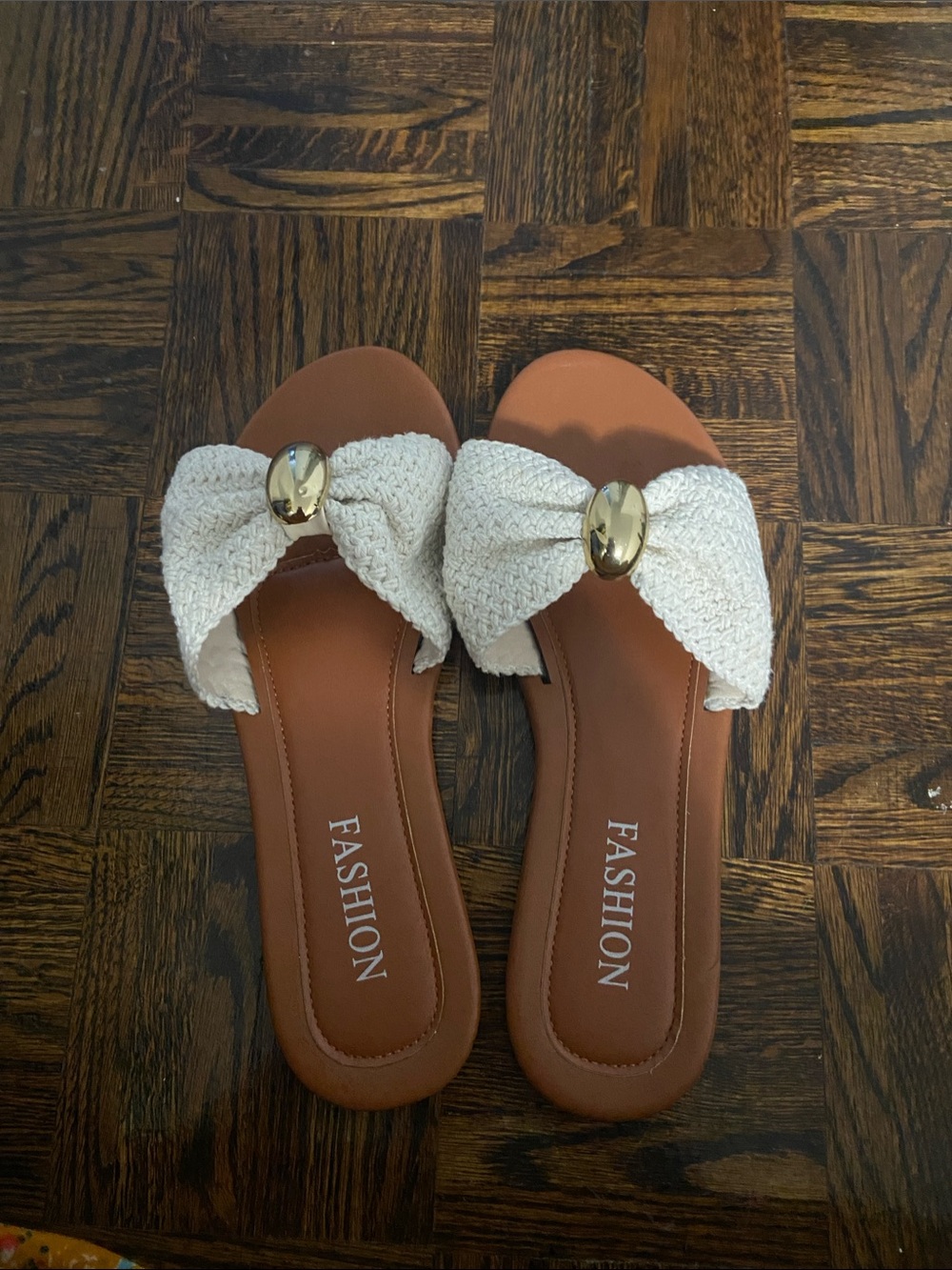 SHEIN Cream Bow Slide Sandals with Gold Accent